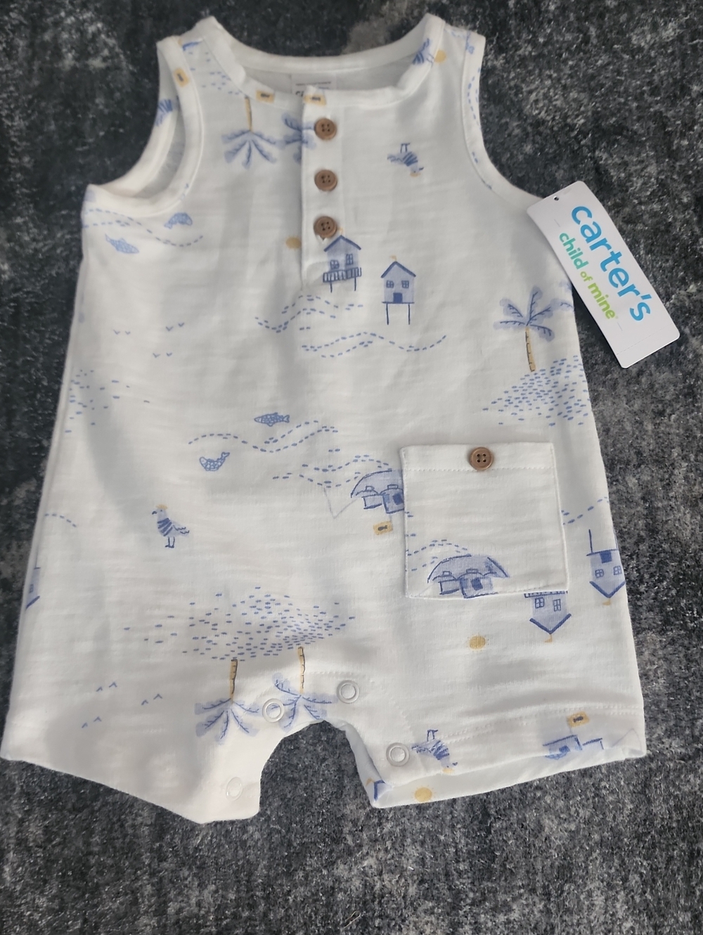 Carter's White Baby Romper with Soft Blue Beach Print